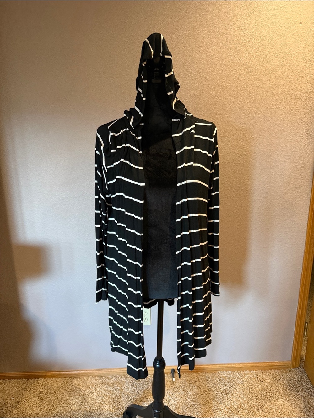 Striped Black Hooded Open Front Utility Jacket